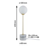 Modern table lamp with white glass globe shade and marble base, gold rod, LED lighting