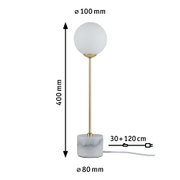 Moderne Tischleuchte mit weißem Glaskugel-Schirm und Marmorfuß, goldfarbener Stab, LED Lampe