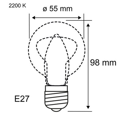 Technical drawing of an E27 bulb with 55 mm diameter and 98 mm height, 2200 K color temperature