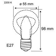 Technical drawing of an E27 bulb with 55 mm diameter and 98 mm height, 2200 K color temperature
