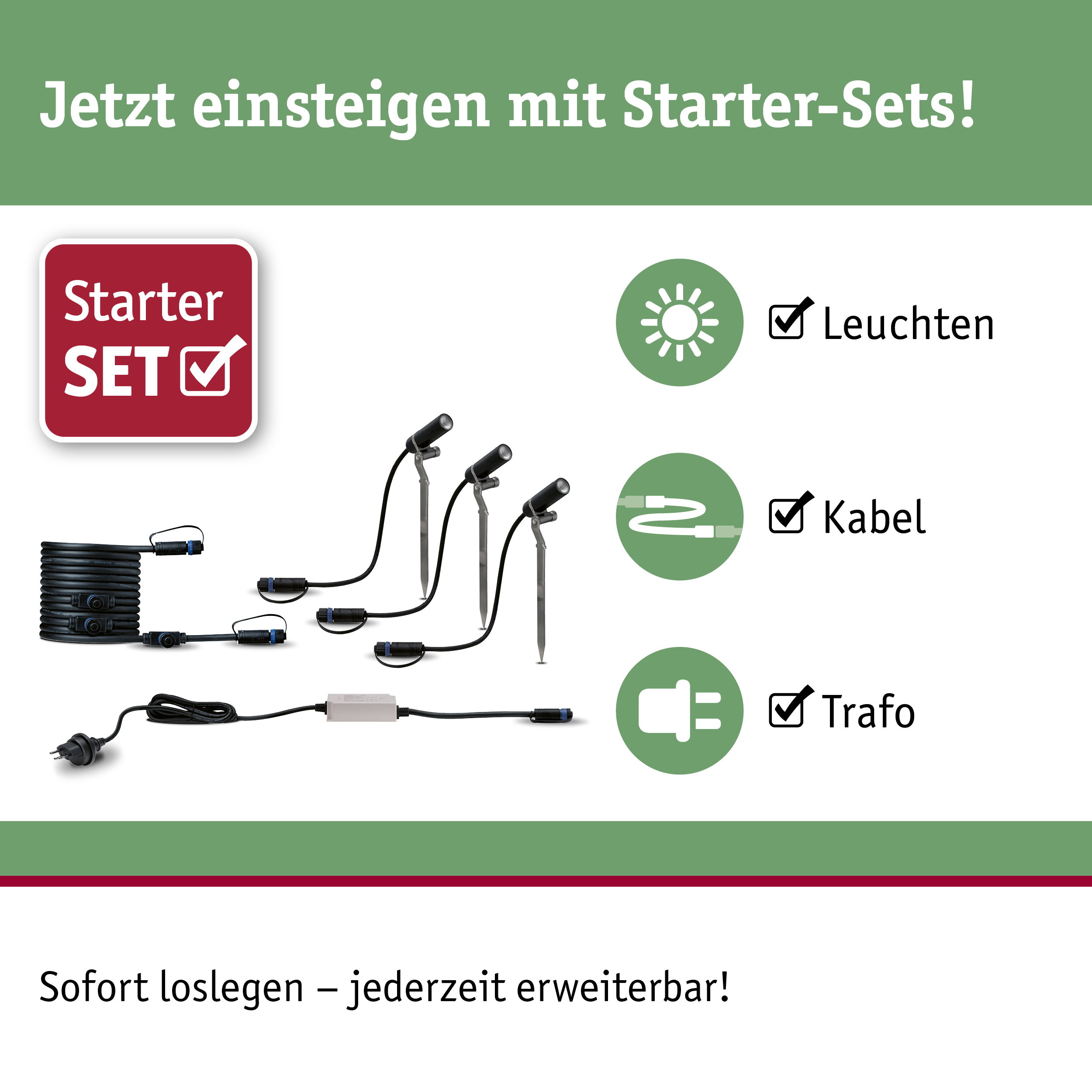 Starter-Set mit schwarzen LED-Gartenleuchten, Kabel und Trafo für einfache Außenbeleuchtung