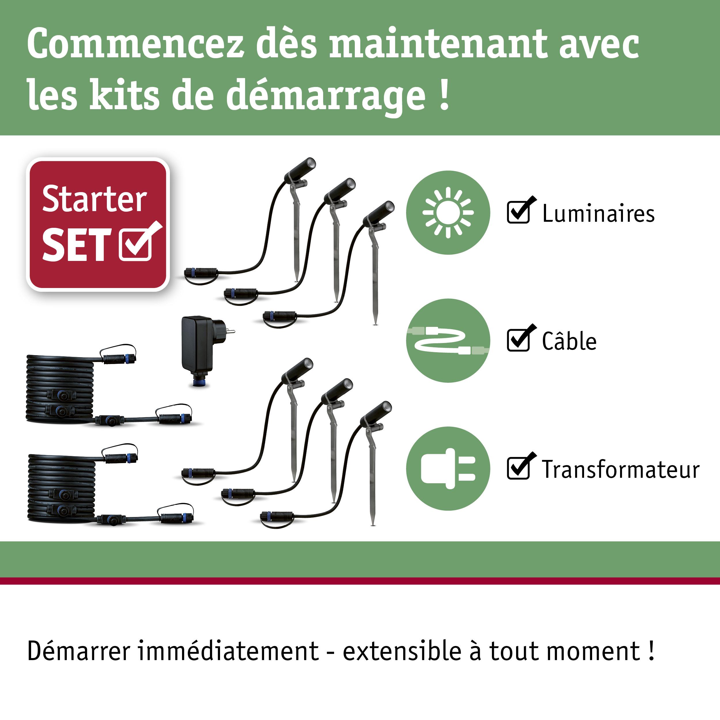 Kit de démarrage avec lampes LED noires, câbles et transformateur pour éclairage extérieur facile.