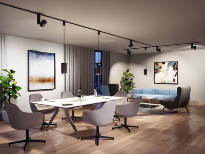Modernes Wohnzimmer mit schwarzer Schienenbeleuchtung, grauen Sesseln und blauem Sofa auf Holzboden