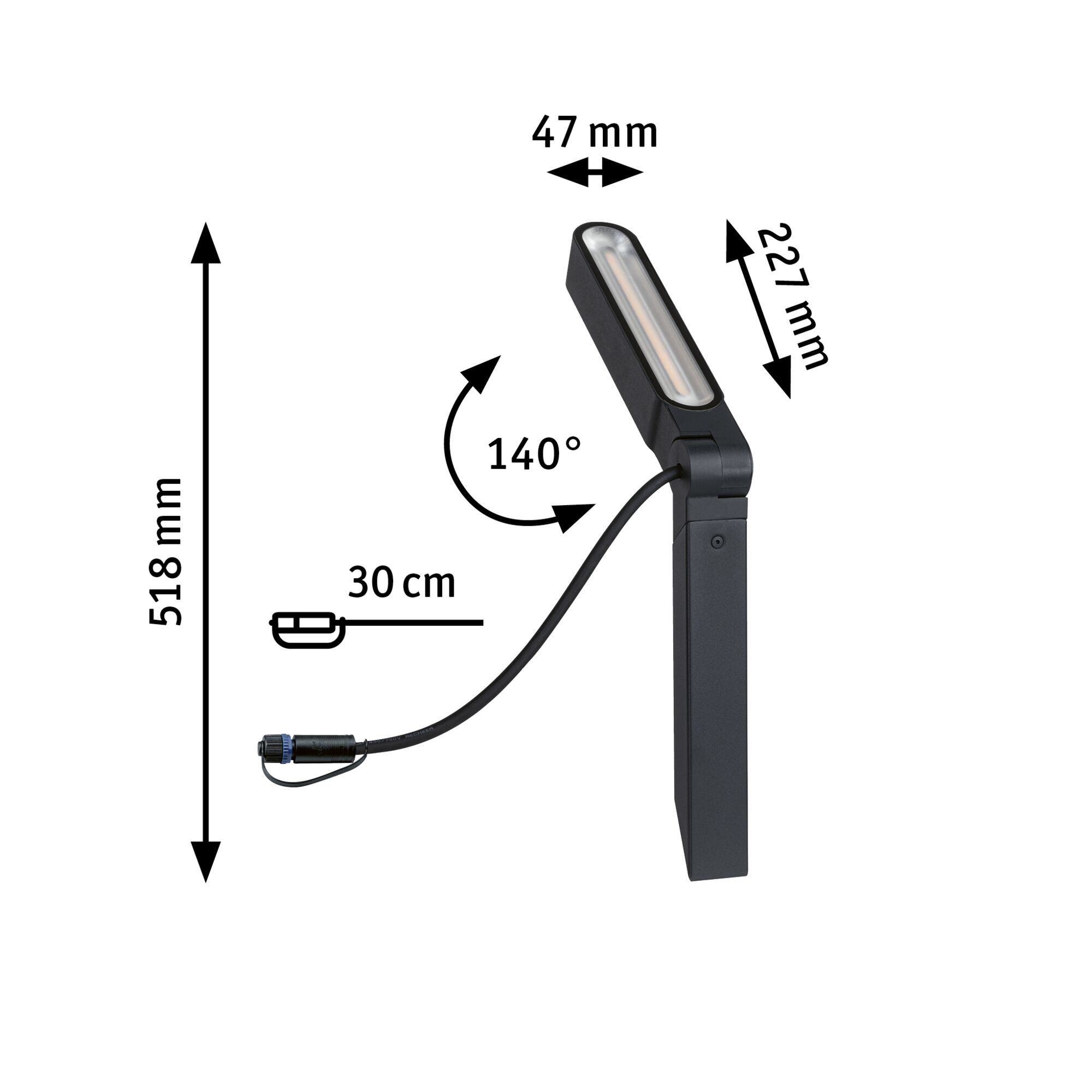 Black LED light with 518 mm height and 140° adjustable head, 30 cm cable length