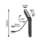 Black LED light with 518 mm height and 140° adjustable head, 30 cm cable length