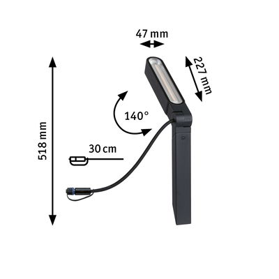 Black LED light with 518 mm height and 140° adjustable head, 30 cm cable length