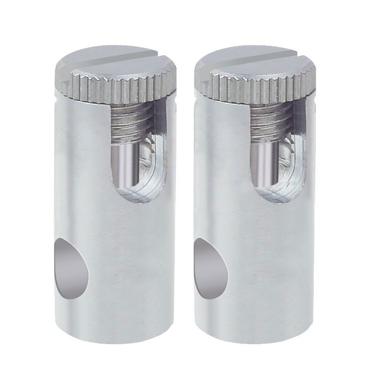 Two silver stainless steel cable clamps with screw closure for secure fastening.