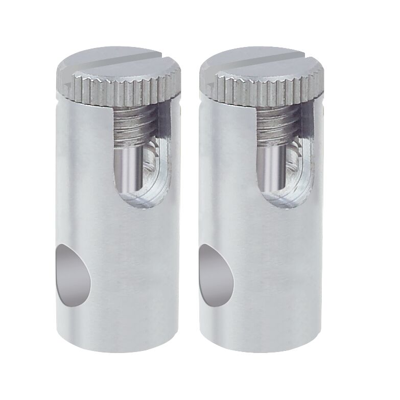Two silver stainless steel cable clamps with screw closure for secure fastening.
