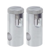 Deux pinces en acier inoxydable argentées avec vis pour fixation de câbles.