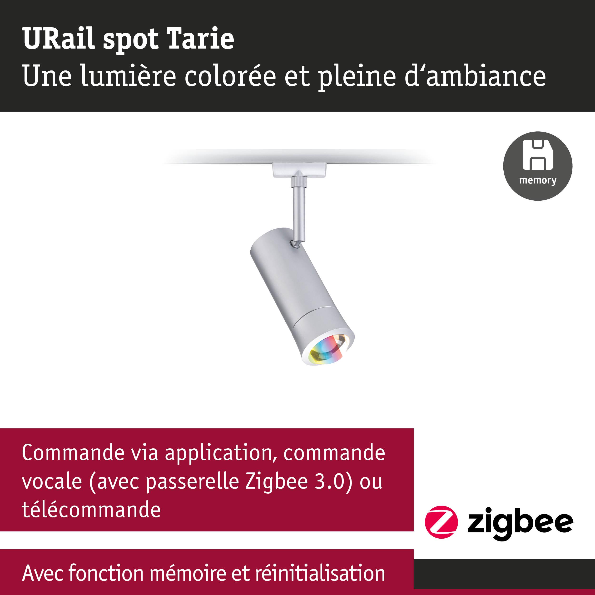 Spot URail Tarie argenté à LED avec lumière colorée et commande Zigbee intelligente