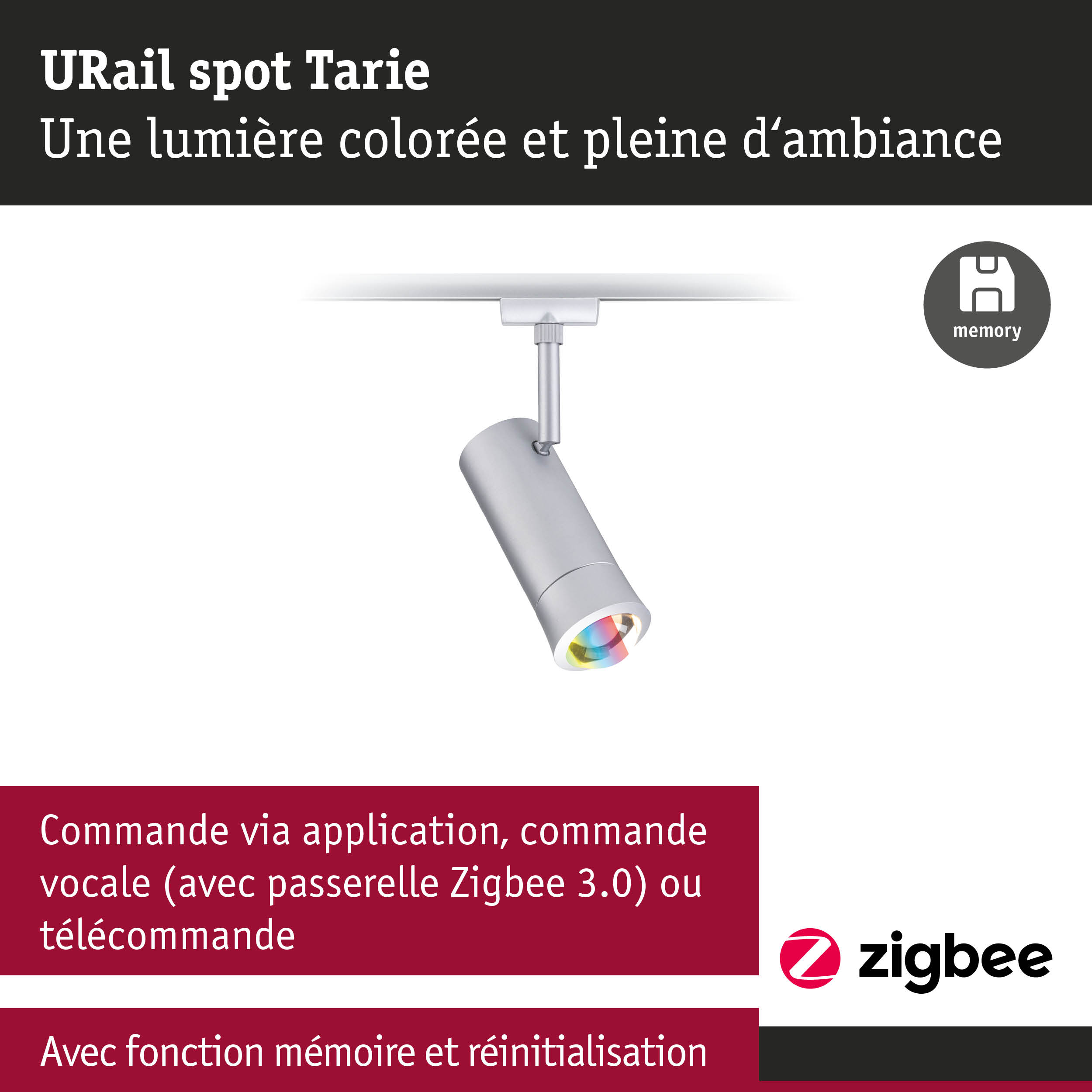 Spot URail Tarie argenté avec lumière colorée et commande intelligente Zigbee 3.0