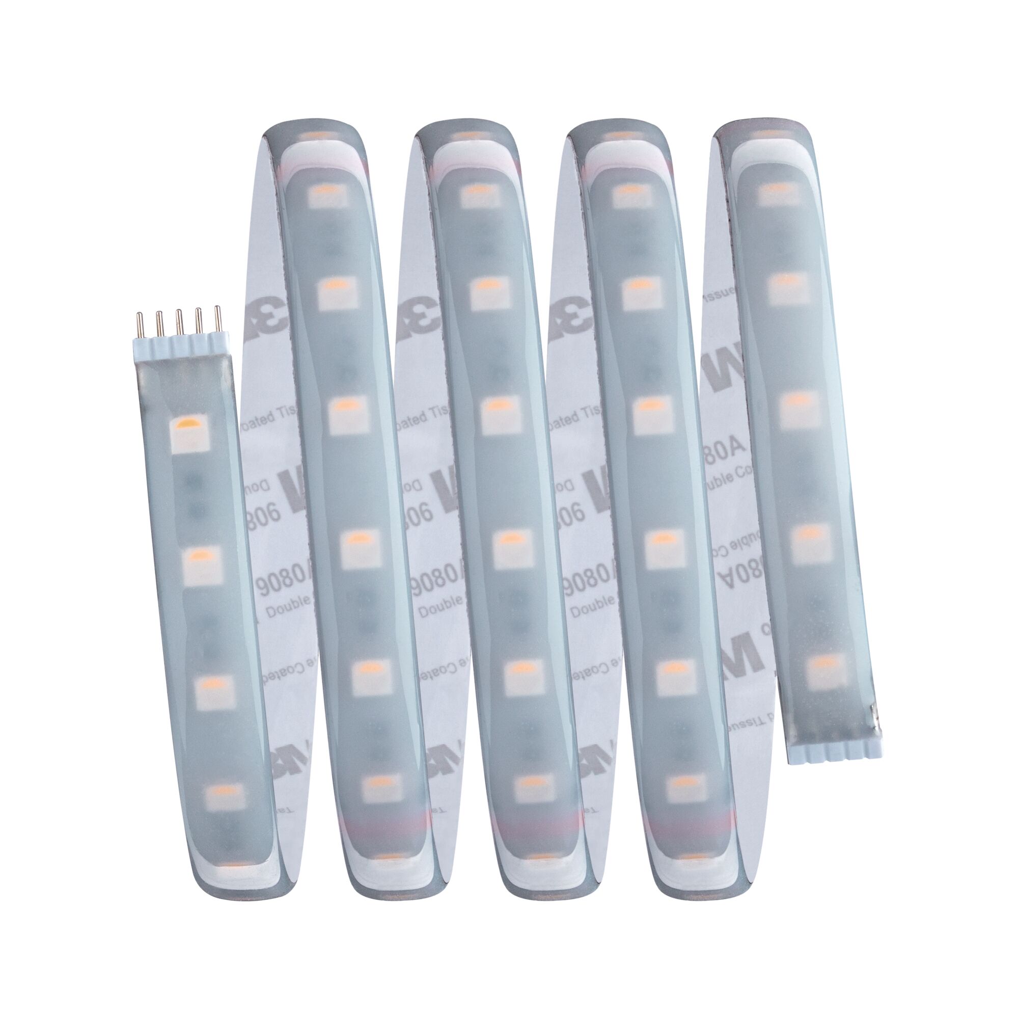 Flexible LED strip with white LEDs and adhesive backing for versatile lighting solutions.