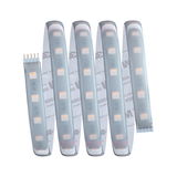 Flexible LED strip with white LEDs and adhesive backing for versatile lighting solutions.