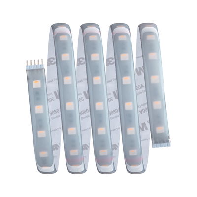 Flexible LED strip with white LEDs and adhesive backing for versatile lighting solutions.