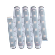 Flexible LED strip with white LEDs and adhesive backing for versatile lighting solutions.