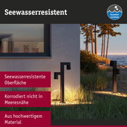Schwarze Außenleuchten aus hochwertigem Material mit seewasserresistenter Oberfläche am Strandweg.