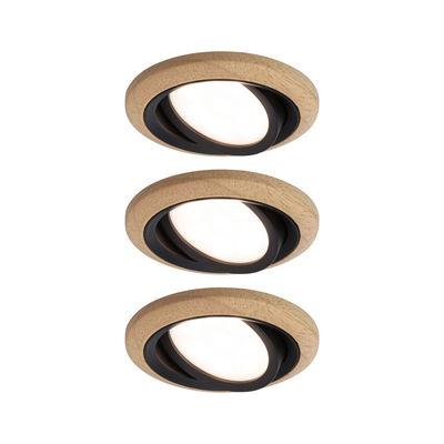 Set van drie ronde inbouw LED-plafondlampen met houten rand en zwarte binnenring, dimbaar