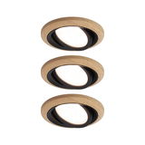 Set van drie ronde inbouw LED-plafondlampen met houten rand en zwarte binnenring, dimbaar