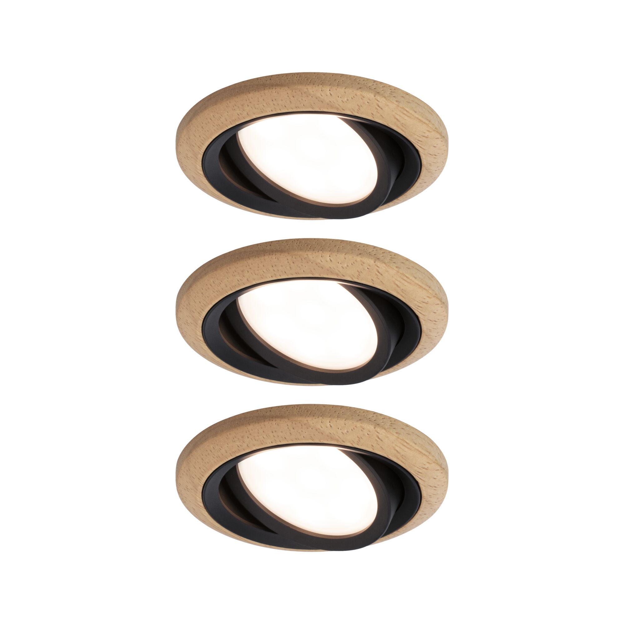 Set of three round recessed LED ceiling lights with wooden frame and black inner ring, dimmable