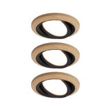 Set of three round recessed LED ceiling lights with wooden frame and black inner ring, dimmable