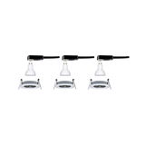 Three white GU10 LED bulbs with mounting frames and black connector cables for LED spotlights