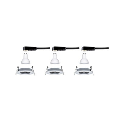 Three white GU10 LED bulbs with mounting frames and black connector cables for LED spotlights