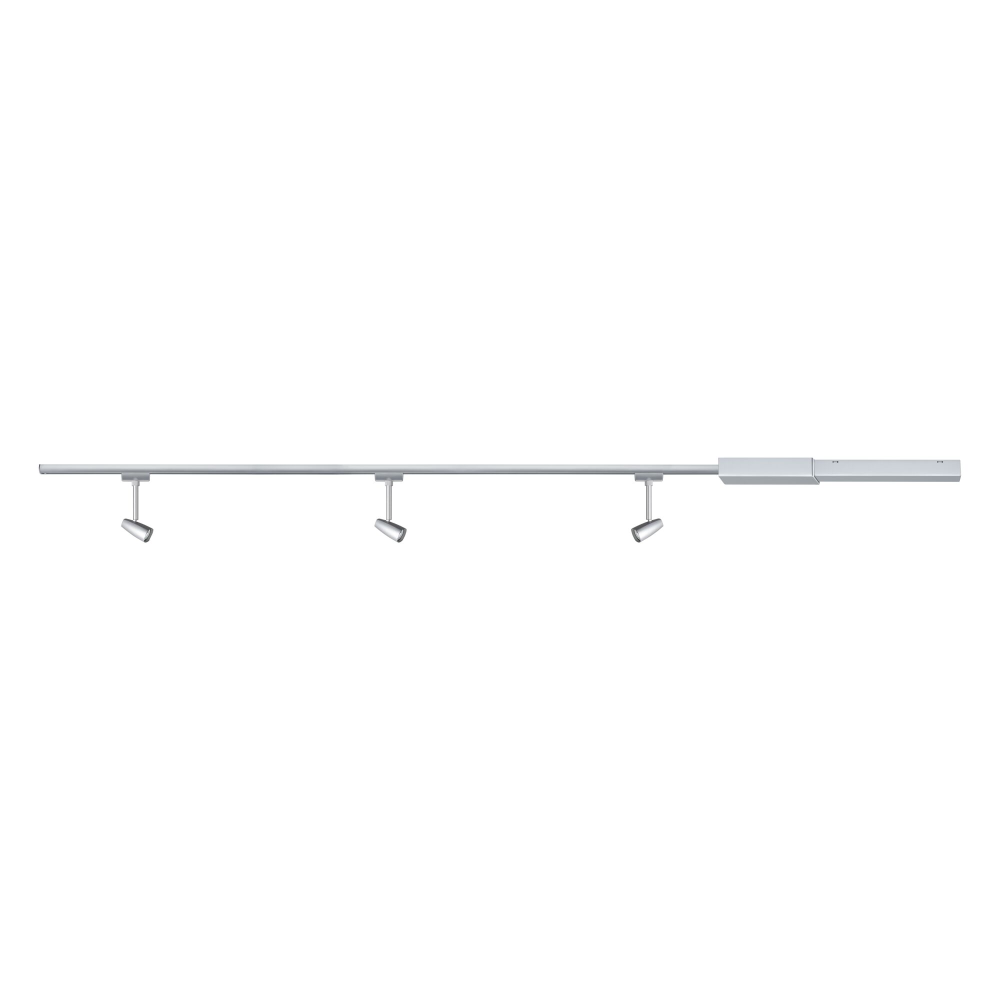 Longue rampe LED argentée avec trois spots réglables pour un éclairage moderne