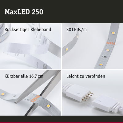 MaxLED 250 LED-Lichtband mit rückseitigem Klebeband, 30 LEDs/m, kürzbar alle 16,7 cm, leicht verbindbar