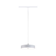 Modern white metal pendant lamp with round shade and integrated LED lighting
