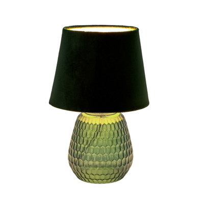 Tischlampe mit grünem Glasfuß und schwarzem Stoffschirm für stimmungsvolle Beleuchtung