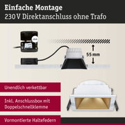 Weißer Einbaustrahler mit goldfarbener Reflektorfläche und Anschlussbox für 230 V Direktanschluss