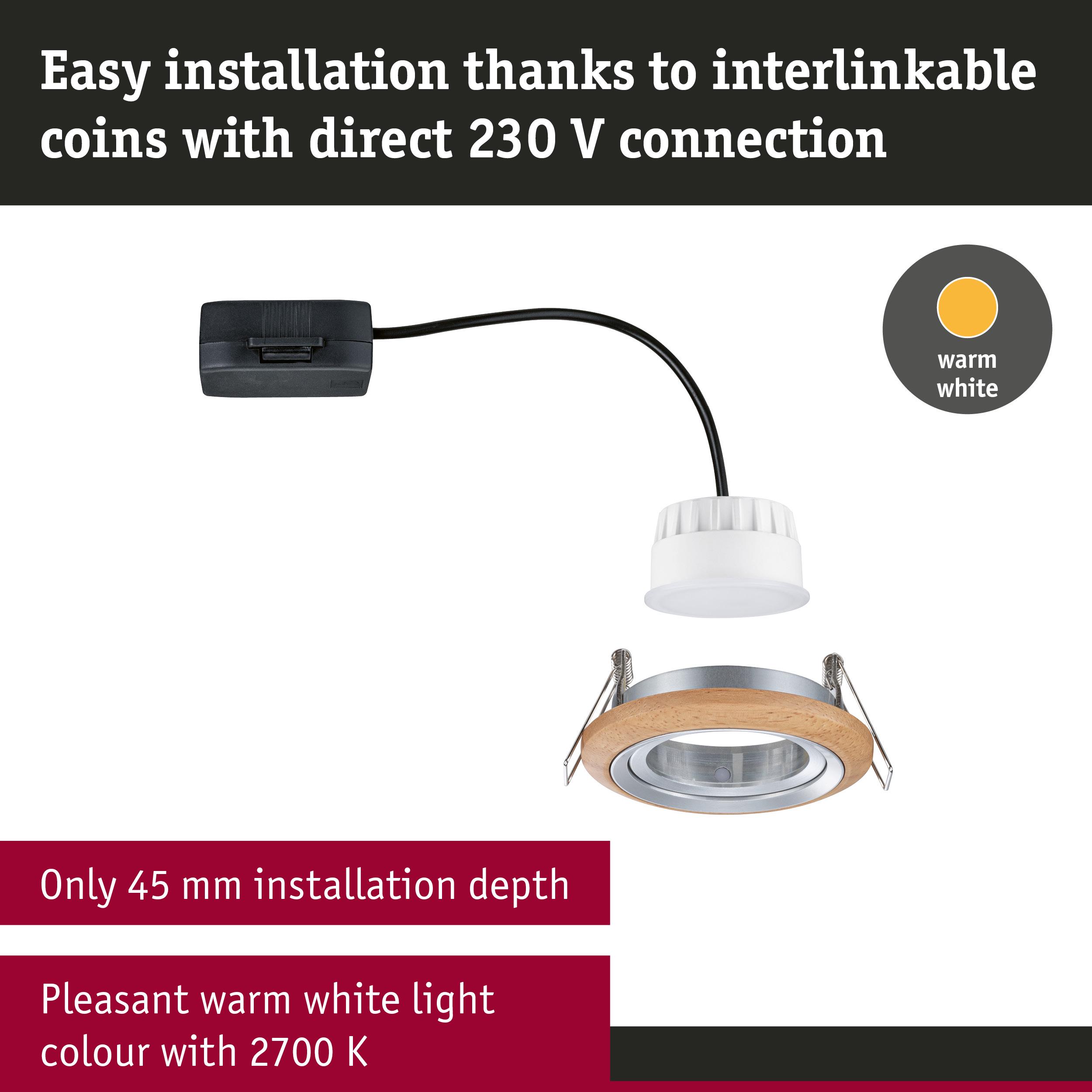 Recessed spotlight with wooden ring, 45 mm installation depth, warm white LED light at 2700 K