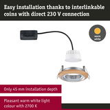 Recessed spotlight with wooden ring, 45 mm installation depth, warm white LED light at 2700 K