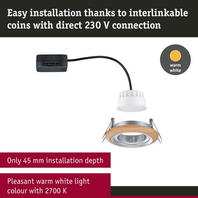 Recessed spotlight with wooden ring, 45 mm installation depth, warm white LED light at 2700 K