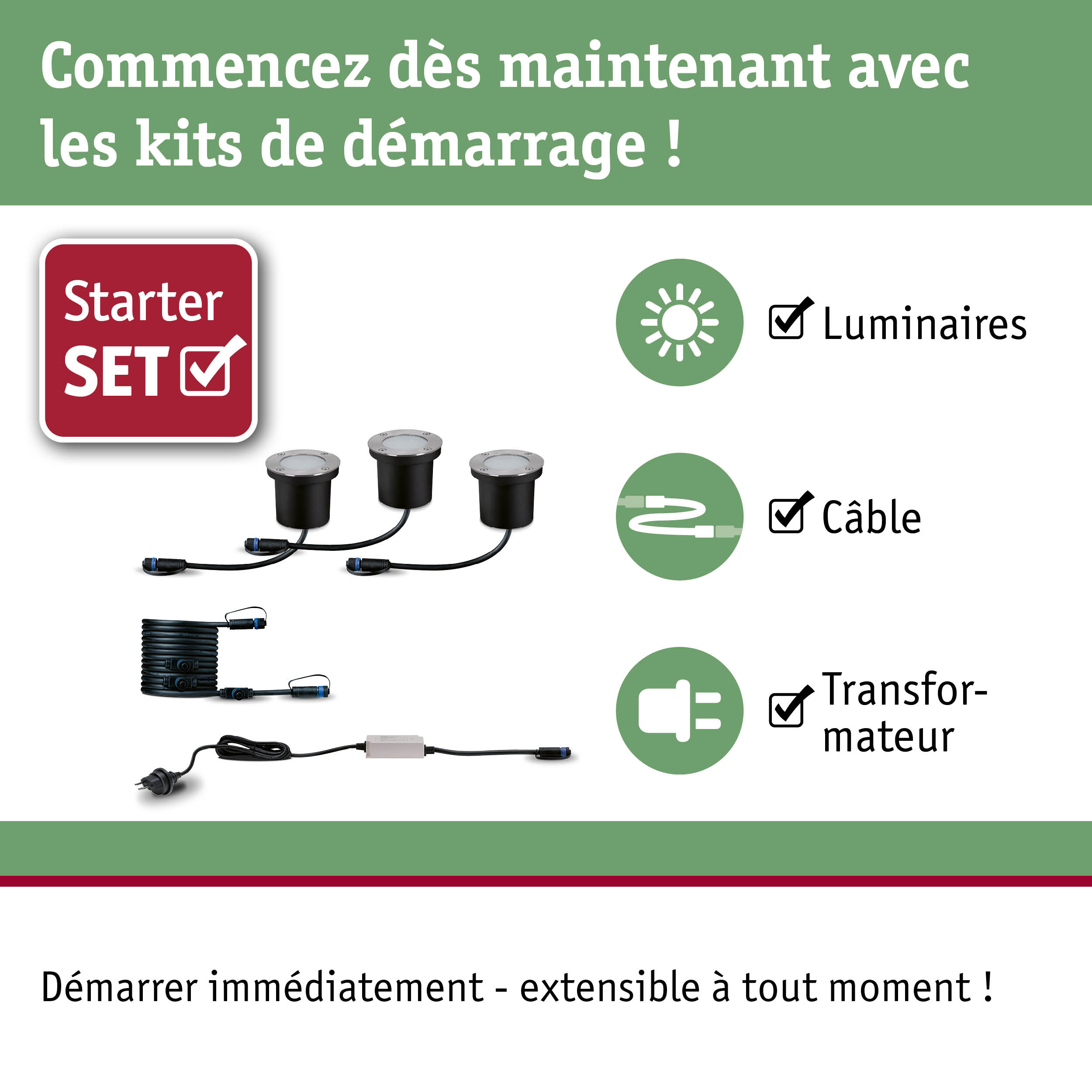 Kit de démarrage avec spots LED encastrés noirs, câble et transformateur pour éclairage extérieur
