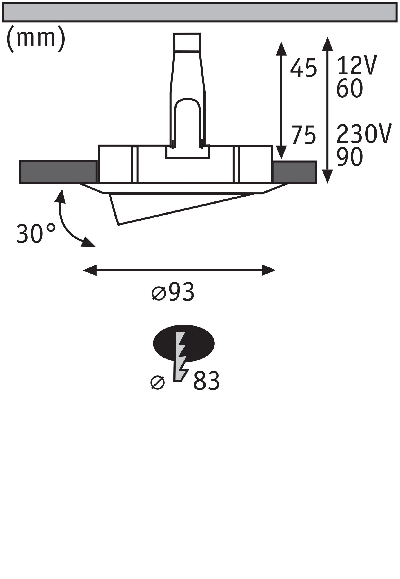 Technical drawing of recessed spotlight with 93 mm diameter and 30-degree tilt for LED lighting