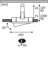 Technical drawing of recessed spotlight with 93 mm diameter and 30-degree tilt for LED lighting