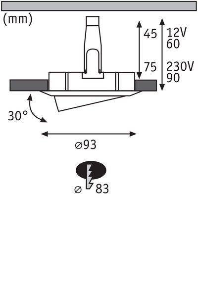 Technical drawing of recessed spotlight with 93 mm diameter and 30-degree tilt for LED lighting