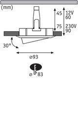 Technical drawing of recessed spotlight with 93 mm diameter and 30-degree tilt for LED lighting