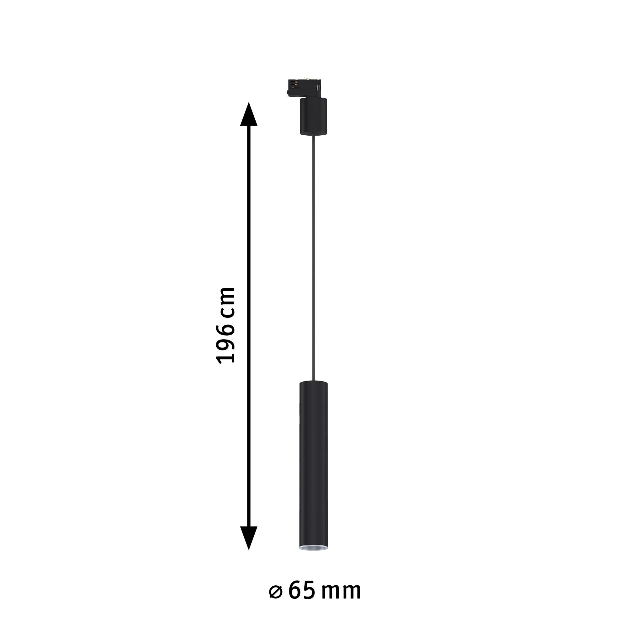 Suspension LED noire en métal de 196 cm de long et 65 mm de diamètre pour éclairage moderne