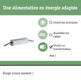 Transformateur LED argenté avec câbles et guide pour choisir l'alimentation adaptée à l'éclairage LED