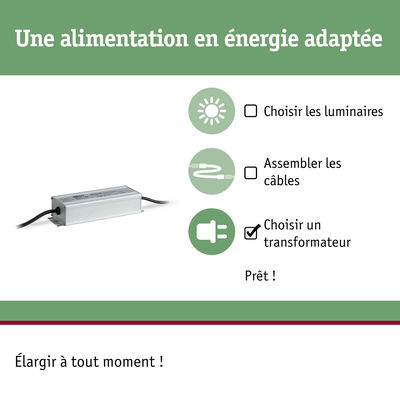 Transformateur LED argenté avec câbles et guide pour choisir l'alimentation adaptée à l'éclairage LED