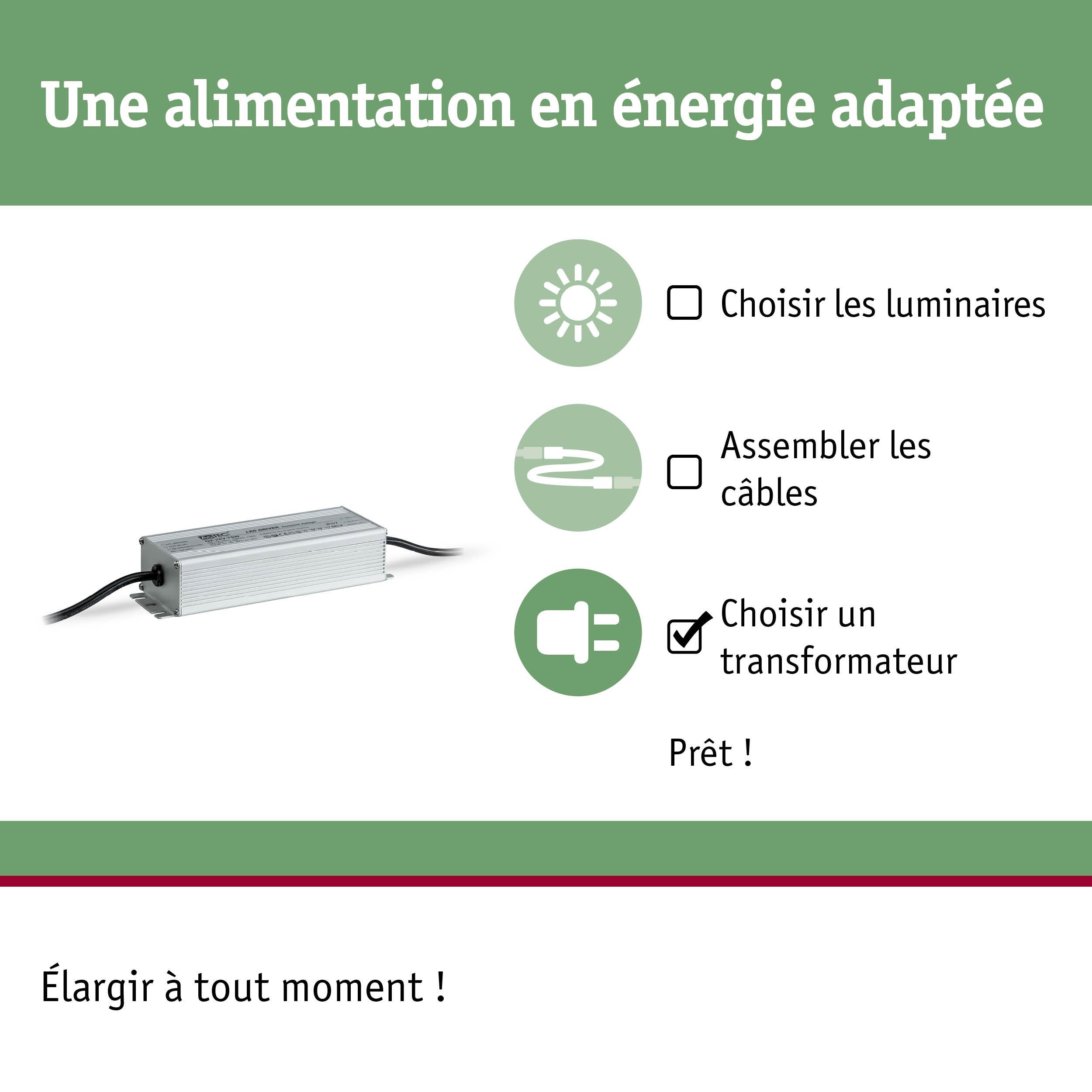 Transformateur LED argenté avec câbles et guide pour choisir l'alimentation adaptée à l'éclairage LED