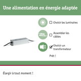 Transformateur LED argenté avec câbles et guide pour choisir l'alimentation adaptée à l'éclairage LED