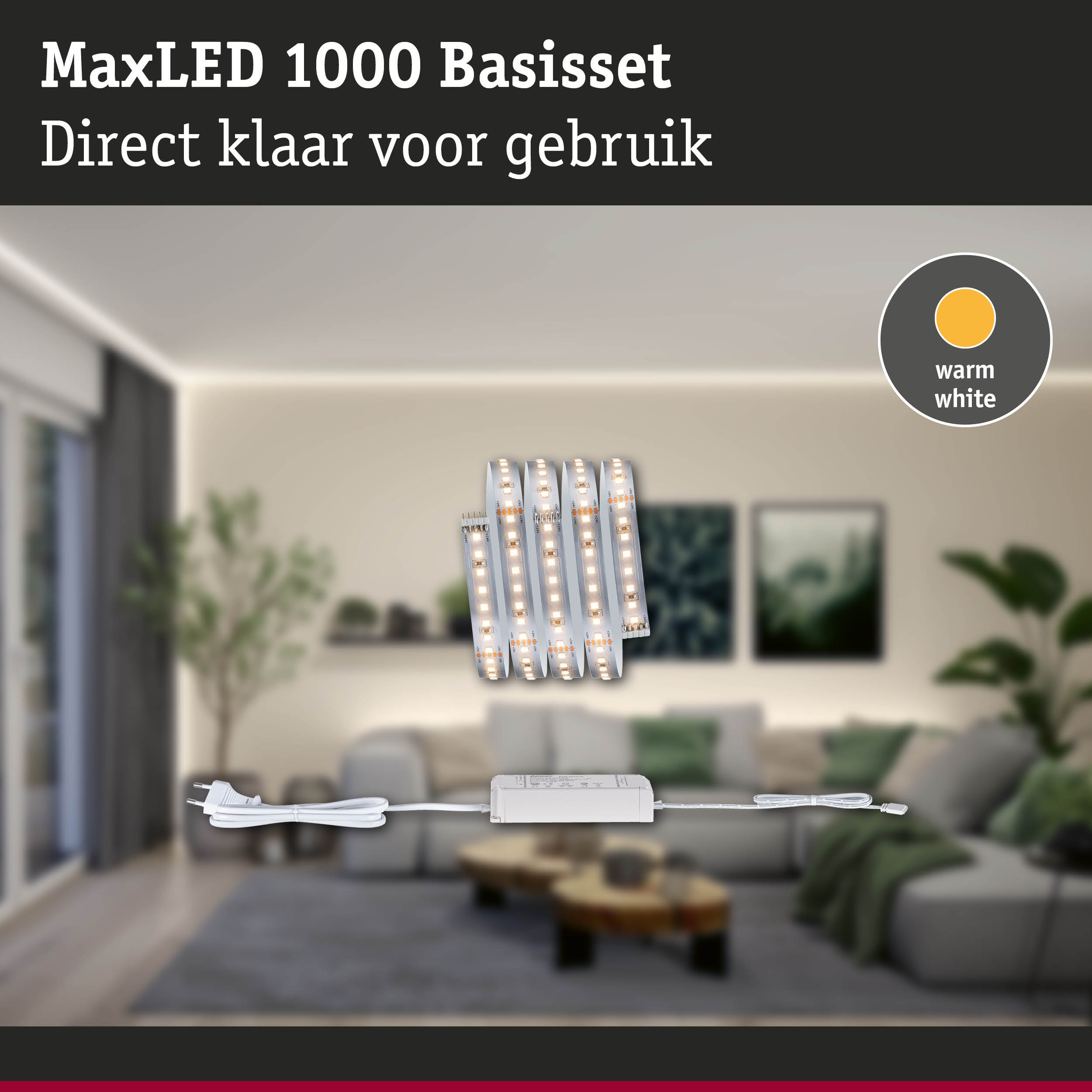 MaxLED 1000 basisset met warmwitte LED-strips en voeding voor eenvoudige kamerverlichting