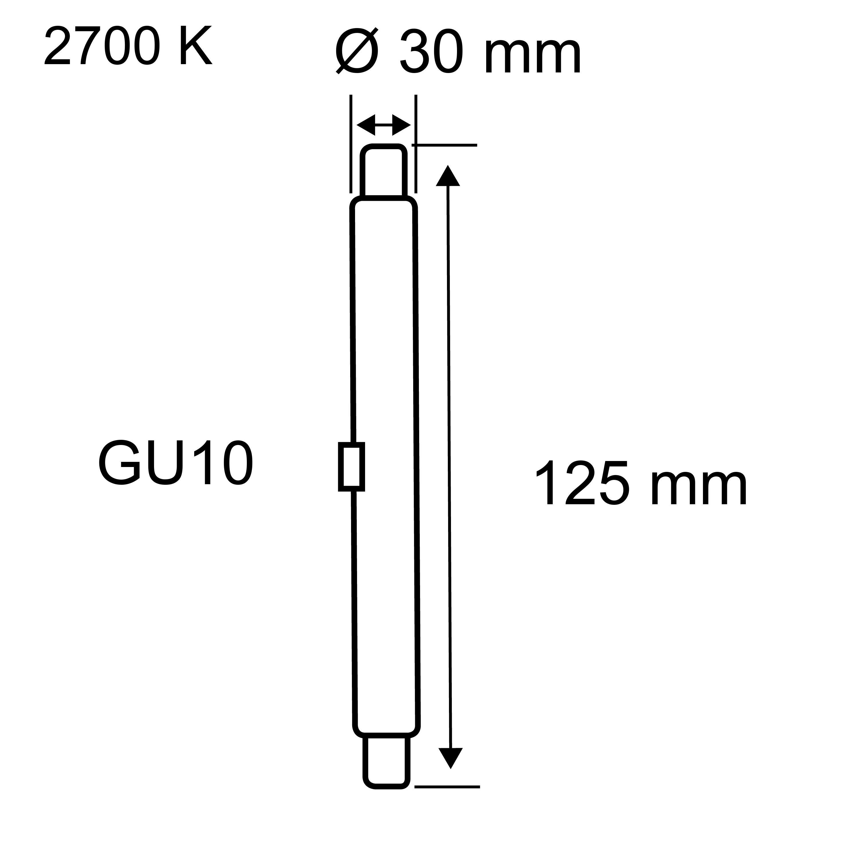 Technische Zeichnung einer GU10 LED-Lampe mit 2700K Lichtfarbe, 30 mm Durchmesser und 125 mm Länge