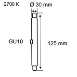 Technische Zeichnung einer GU10 LED-Lampe mit 2700K Lichtfarbe, 30 mm Durchmesser und 125 mm Länge