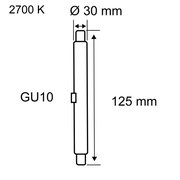 Technische Zeichnung einer GU10 LED-Lampe mit 2700K Lichtfarbe, 30 mm Durchmesser und 125 mm Länge