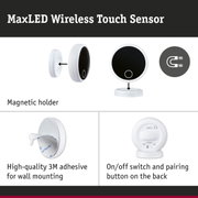 MaxLED wireless touch sensor with magnetic holder and 3M adhesive for wall mounting in white