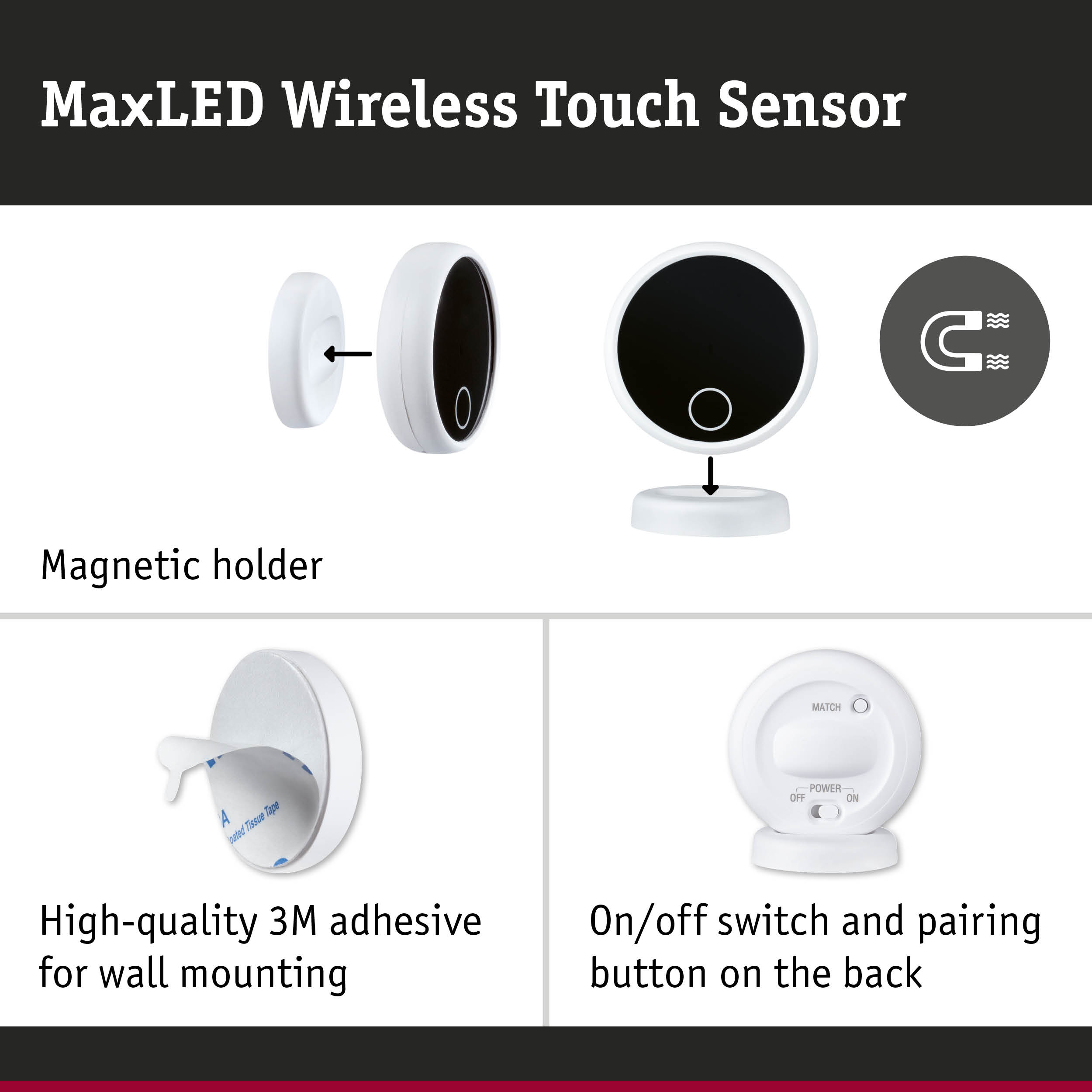 MaxLED wireless touch sensor with magnetic holder and 3M adhesive for wall mounting in white